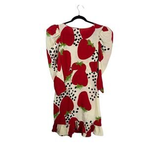 Adriana Degreas Strawberry Silk Puff Sleeve Ruffle Hem Mini Dress Red White S